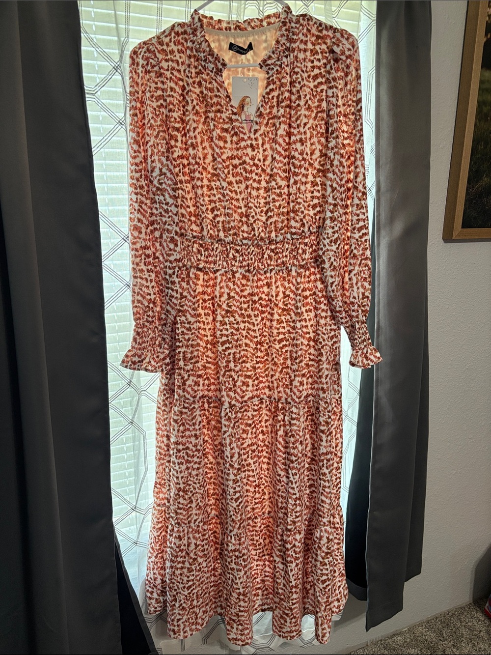 Smocked Waist Rust Print Long Sleeve Midi Dress by PrettyGarden